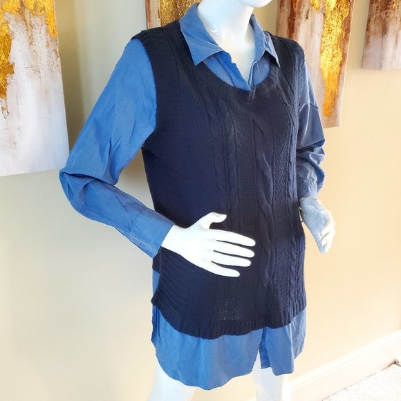 Faded Glory Blue Plus Twofer Sweater with Built-In Collared Shirt SZ L (12-14) - Picture 3 of 8